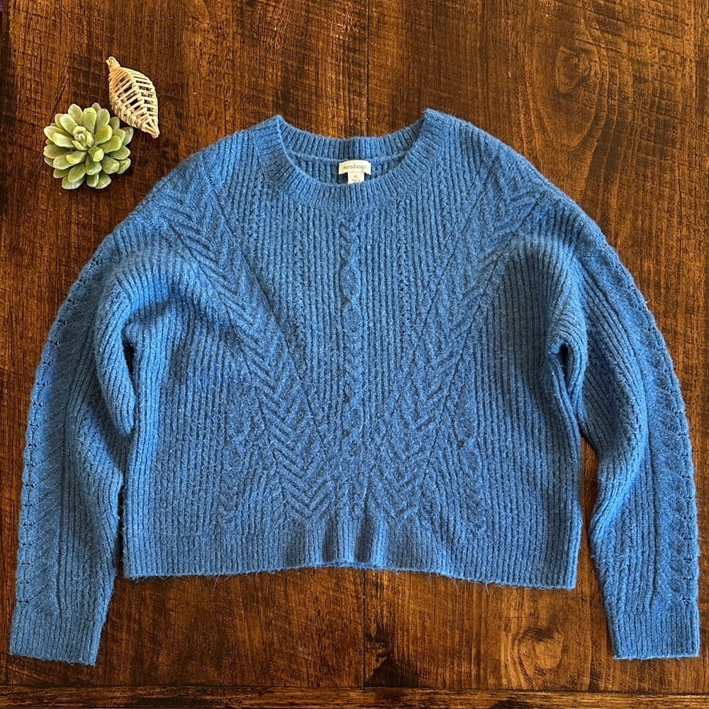 Sundance | Blue Crewneck Ribbed Cropped Sweater, Size PL